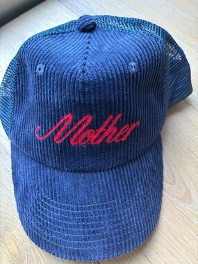 MOTHER DENIM Corduroy Trucker Hat - Navy with Red Script